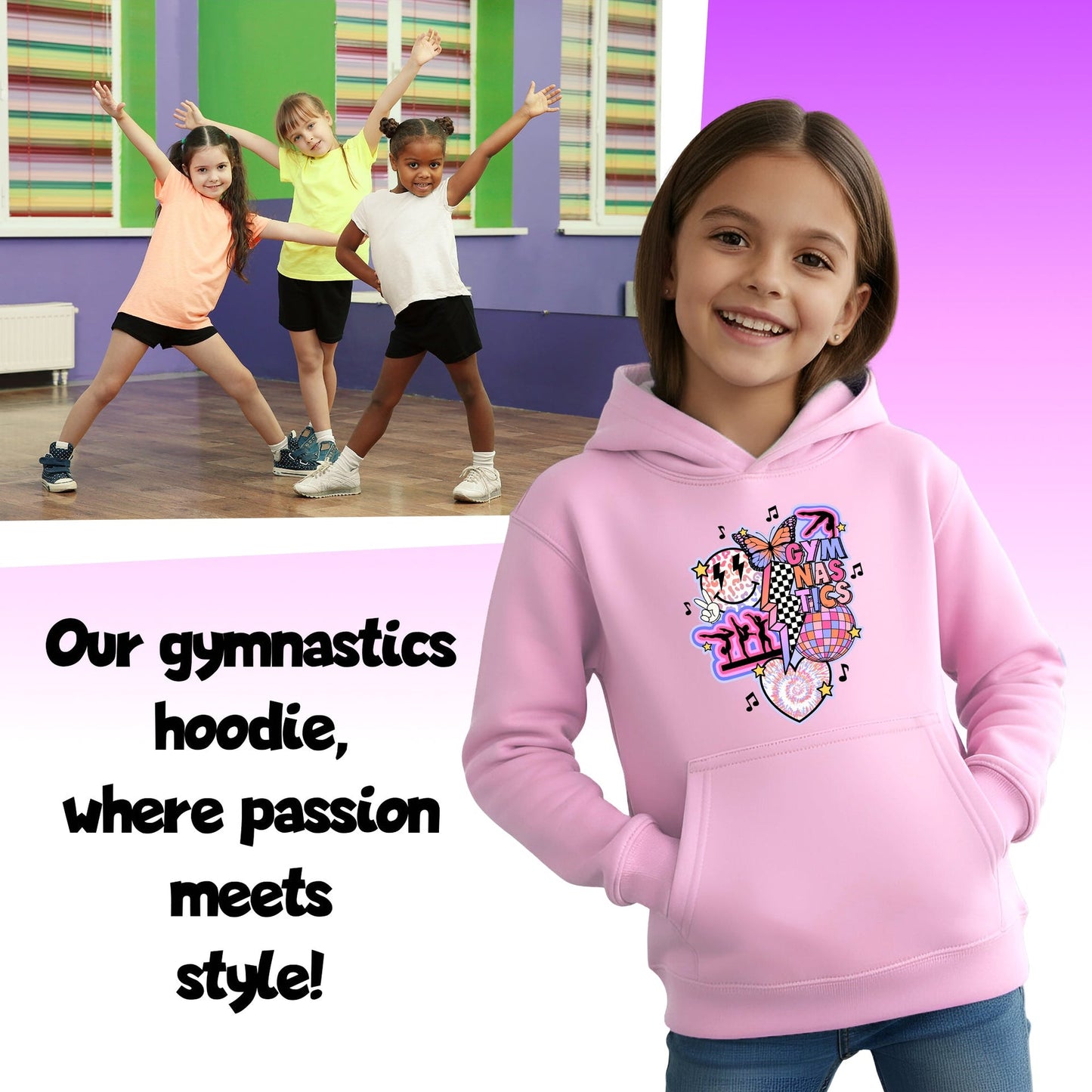 Fringoo Gymnastic Sweat à capuche for enfant Cotton Rich Soft Hooded Sweatshirt- Gymnastic Vibes-rose