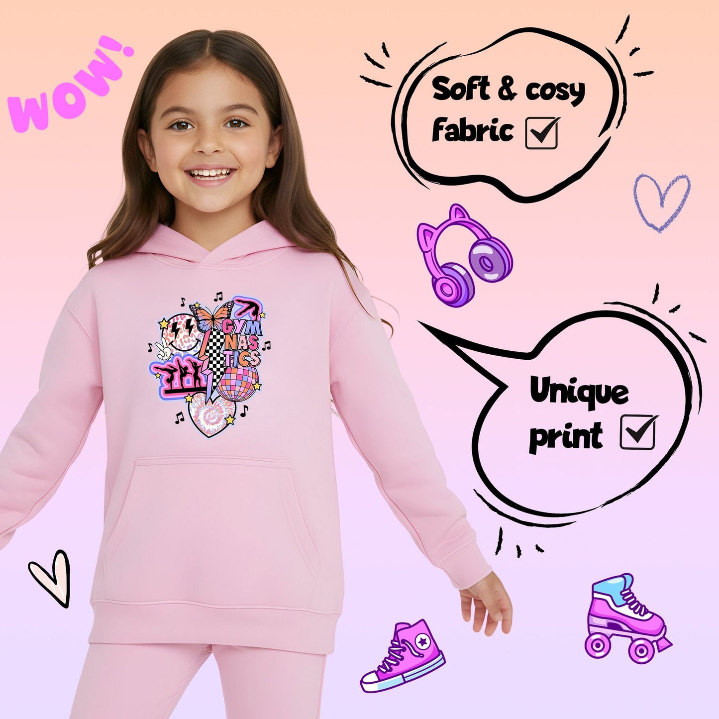 Fringoo Gymnastic Sweat à capuche for enfant Cotton Rich Soft Hooded Sweatshirt- Gymnastic Vibes-rose