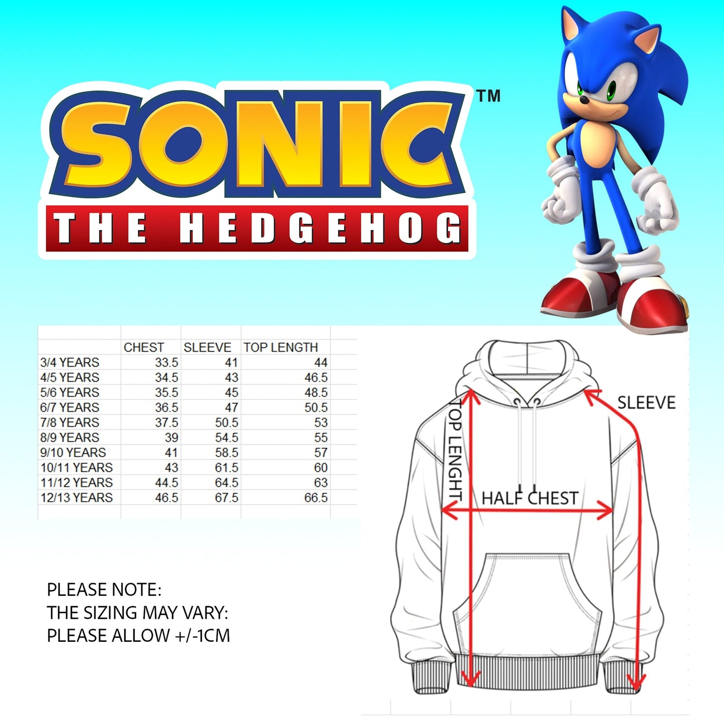 Sweat à capuche Sonic – THE HEDGEHOG Boys – 100% Cotton Hooded