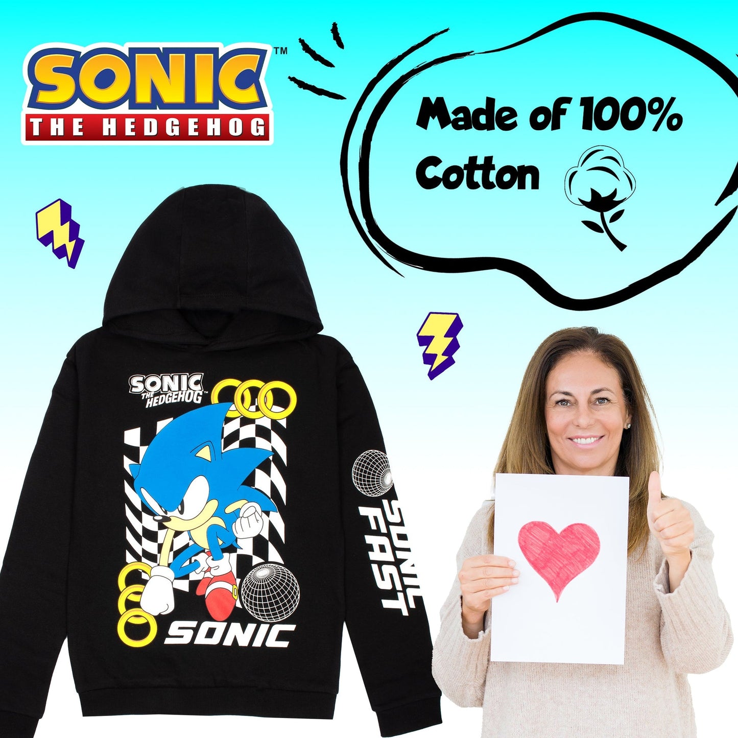 Sweat à capuche Sonic – THE HEDGEHOG Boys – 100% Cotton Hooded