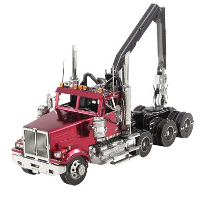 MetalEarth Véhicules: WESTERN STAR 4900 LOG TRUCK 9.8x3.7x6.8cm, maquette 3D en métal avec 3 feuilles multicolorées, sur carte 12x17cm, 14+