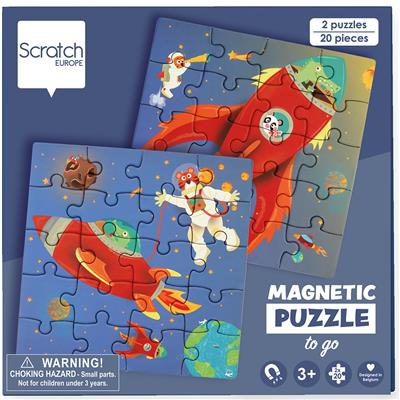 Scratch Puzzle Magnétique: LIVRE DE PUZZLE MAGNÉTIQUE EN ROUTE - ESPACE 18x18x1.5cm (plié), 54x18x0.5cm (déplié), avec 2 puzzles magnétiques de 20 pièces, 3+