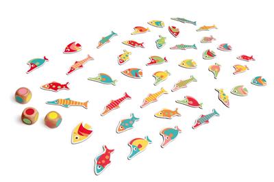 Scratch Jeu: FIND-A-FISH/JEU DE COULEUR, avec 40 poissons colorés (8x3cm) et 3 dés en bois, en boîte forme 31x19.3x6.5cm, 3+