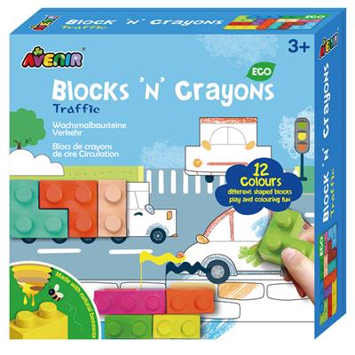 Avenir Blocks 'N Crayons: VÉHICULES, 12 couleurs et 3 formes de blocs, 3 feuilles à colorier, en cire d'abeille (10%), en boîte, 3+